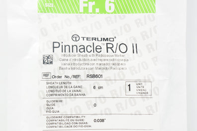 Terumo RSB601 Pinnacle Introducer Sheath with Marker 6Fr x 6cm x .038inch